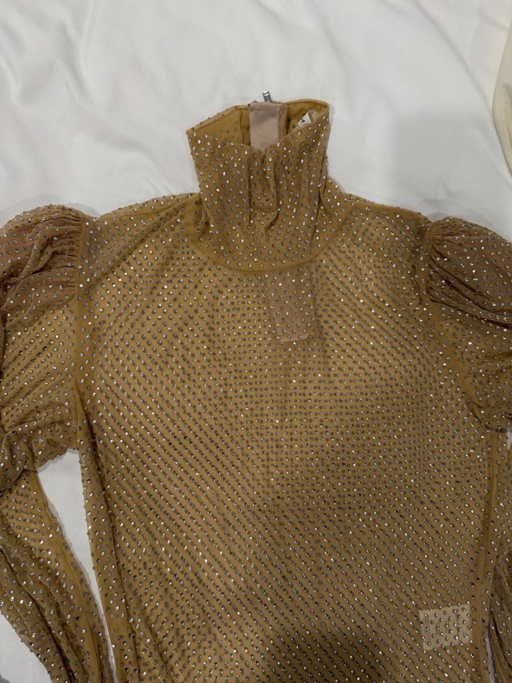For Love And Lemons Metallic Gold Long-Sleeve Sheer crystal rhinestone Mesh Top